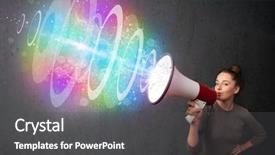  Presentation with group of three young girl - Colorful slide set enhanced with loudspeaker and colorful energy beam backdrop and a dark gray colored foreground