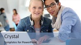  Presentation with conflict people college - Slide set with lounge room studying on laptop background and a  colored foreground