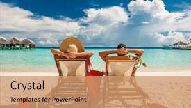  Presentation with maldives - PPT theme featuring loungers on a tropical beach background and a coral colored foreground