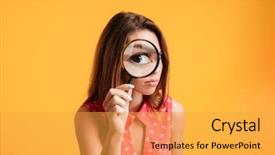  Presentation with looking glass - PPT layouts featuring loupe - close up of young serious background and a yellow colored foreground