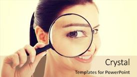  Presentation with detective magnifying glass - PPT theme featuring loupe - young beautiful woman with magnifying background and a coral colored foreground