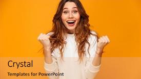  Presentation with happy smiling woman dental health - Amazing slides having love - surprised happy brunette woman backdrop and a yellow colored foreground