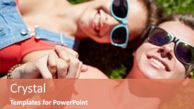  Presentation with teenage love - Colorful slide deck enhanced with love and people concept - close up of happy teenage couple lying on grass and holding hands with wristbands at summer backdrop and a coral colored foreground