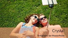  Presentation with teenage love - Amazing theme having love and people concept - happy teenage couple in sunglasses lying on grass and taking selfie on smartphone at summer backdrop and a coral colored foreground