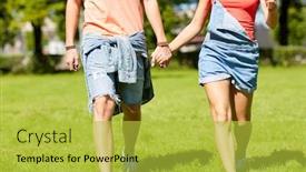  Presentation with teenage love - Audience pleasing slide deck consisting of love and people concept - happy teenage couple walking and looking at each other in summer park backdrop and a yellow colored foreground