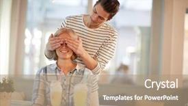  Presentation with blue eyes technology eye scan - Slide set featuring love blind - young man covering his girlfriend background and a coral colored foreground