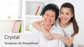  Presentation with senior asian - Beautiful PPT theme featuring love care - senior woman and daughter happy backdrop and a lemonade colored foreground