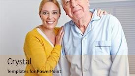  Presentation with caregiver - Beautiful slide deck featuring love care - smiling caregiver nursing senior man backdrop and a gold colored foreground