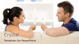  Presentation with champagne - Presentation theme featuring love couple clinking champagne glasses at home on sofa smiling and looking at camera background and a lemonade colored foreground