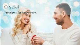  Presentation with proposal blue - Cool new PPT theme with love couple relationship proposal and holidays concept - happy man giving engagement ring in little red gift box to woman over blue holidays lights background backdrop and a sky blue colored foreground