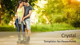  Presentation with love relationships designs - Presentation theme with love couple ride rollerblades in the park spending time together background and a coral colored foreground