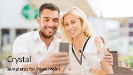  Presentation with people street - PPT theme consisting of love date technology people and relations concept - smiling happy couple taking selfie with smatphone at city street cafe background and a soft green colored foreground