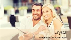  Presentation with people street - Audience pleasing theme consisting of love date technology people and relations concept - happy happy couple taking picture with smartphone on selfie stick at city street cafe or restaurant backdrop and a lemonade colored foreground