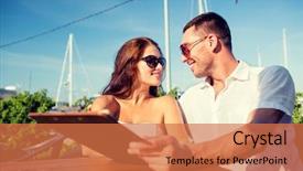  Presentation with dating - PPT theme with love dating people and food concept - smiling couple wearing sunglasses holding menu and looking to each other at cafe background and a coral colored foreground