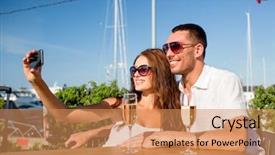  Presentation with dating - Beautiful presentation design featuring love dating people and holidays concept - smiling couple wearing sunglasses drinking champagne and making selfie at cafe backdrop and a coral colored foreground