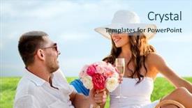  Presentation with dating - Presentation having love dating people and holidays concept - smiling couple drinking champagne on picnic over blue sky and grass background background and a sky blue colored foreground