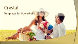  Presentation with dating - Presentation design with love dating people and holidays concept - smiling couple drinking champagne on picnic background and a white colored foreground