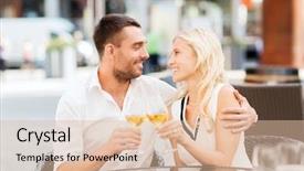  Presentation with dating - Cool new slide deck with love dating people and holidays concept - smiling couple clinking glasses and looking to each other at restaurant lounge or terrace backdrop and a lemonade colored foreground