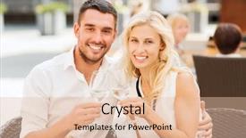  Presentation with dating - PPT theme enhanced with love dating people and holidays concept - smiling couple clinking glasses and looking to each other at restaurant lounge or terrace background and a lemonade colored foreground