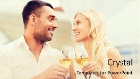  Presentation with dating - Beautiful PPT theme featuring love dating people and holidays concept - smiling couple clinking glasses of wine and looking to each other at restaurant lounge or terrace backdrop and a lemonade colored foreground