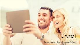  Presentation with computer love - Presentation theme consisting of love dating people technology and holidays concept - happy couple with tablet pc computer and glasses of wine at restaurant lounge or terrace background and a lemonade colored foreground