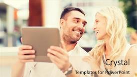  Presentation with computer love - Presentation theme enhanced with love dating people technology and holidays concept - happy couple with tablet pc computer talking at restaurant lounge or terrace background and a lemonade colored foreground