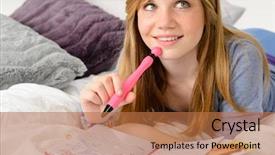  Presentation with journal - Slide deck enhanced with love diary - daydreaming teenager girl writing her background and a coral colored foreground