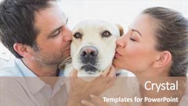  Presentation with living room - Presentation theme featuring love dog - happy couple kissing their yellow background and a coral colored foreground