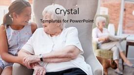  Presentation with retirement - Colorful PPT theme enhanced with love eighties - granddaughter visiting grandmother in retirement backdrop and a mint green colored foreground