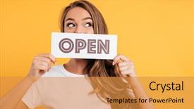  Presentation with pretty girl - PPT theme with love employees - close up portrait background and a gold colored foreground