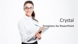  Presentation with friendly - Colorful PPT theme enhanced with love employees - friendly young smiling businesswoman backdrop and a sky blue colored foreground