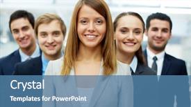  Presentation with smart - Slides having love employees - happy businesswoman looking at camera background and a teal colored foreground