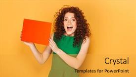  Presentation with empty - Colorful slide deck enhanced with love employees - portrait of a happy redhead backdrop and a yellow colored foreground