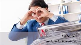  Presentation with employee - Cool new slide deck with love employees - young male employee in funny backdrop and a light gray colored foreground