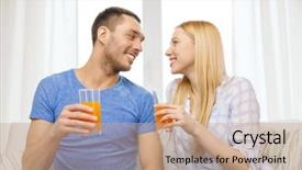  Presentation with healthy juice - Colorful PPT layouts enhanced with love family healthy food and happiness concept - smiling happy couple drinking juice at home backdrop and a coral colored foreground