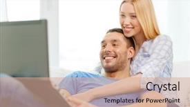  Presentation with computer love - PPT theme featuring love family technology internet and happiness concept - smiling happy couple witl laptop computer at home background and a coral colored foreground