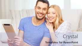  Presentation with computer love - Presentation design featuring love family technology internet and happiness concept - smiling happy couple witl tablet pc computer sitting on the floor at home background and a light blue colored foreground