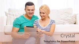  Presentation with computer love - Presentation theme with love family technology internet and happiness concept - smiling happy couple witl tablet pc computer at home background and a coral colored foreground