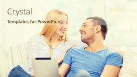  Presentation with computer love - Colorful slide deck enhanced with love family technology internet and happiness concept - smiling happy couple witl tablet pc computer at home backdrop and a cream colored foreground