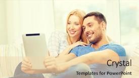  Presentation with computer love - Cool new presentation design with love family technology internet and happiness concept - smiling happy couple witl tablet pc computer at home backdrop and a lemonade colored foreground