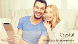  Presentation with computer love - Colorful PPT theme enhanced with love family technology internet and happiness concept - smiling happy couple witl tablet pc computer sitting on the floor at home backdrop and a cream colored foreground