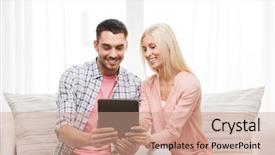  Presentation with computer love - Presentation design consisting of love family technology internet and happiness concept - smiling happy couple with tablet pc computer at home background and a coral colored foreground