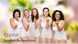  Presentation with women body - Beautiful PPT theme featuring love friendship beauty body positive and people concept - group of happy plus size women in white underwear sending blow kiss over natural spring background backdrop and a lemonade colored foreground