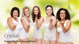  Presentation with women body - PPT layouts consisting of love friendship beauty body positive and people concept - group of happy plus size women in white underwear sending blow kiss over green natural background background and a lemonade colored foreground