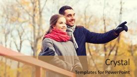  Presentation with season - Slides having love gesture family season and people concept - smiling couple hugging on bridge in autumn park background and a yellow colored foreground