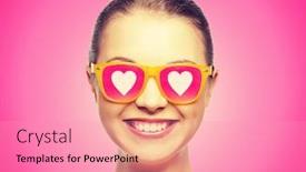  Presentation with teenage love - PPT theme enhanced with love happiness valentines day face expressions and people concept - portrait of smiling teenage girl in pink sunglasses with hearts background and a coral colored foreground