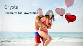  Presentation with heart love - Beautiful presentation theme featuring love heart balloons against playful couple enjoying on beach 3d backdrop and a sky blue colored foreground