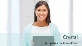  Presentation with new technology - Presentation design having love home new technology and internet concept - smiling woman with tablet pc background and a sky blue colored foreground