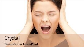  Presentation with ears - Amazing PPT theme having love hurts - picture of woman with hands backdrop and a coral colored foreground