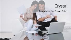  Presentation with computer room - Slide set featuring joyful couple relax and work on laptop computer at modern living room indoor home background and a white colored foreground